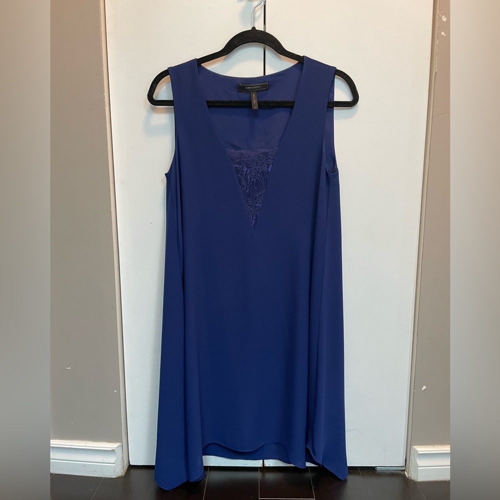 BCBG blue dress with lace front in xs asymmetrical hem